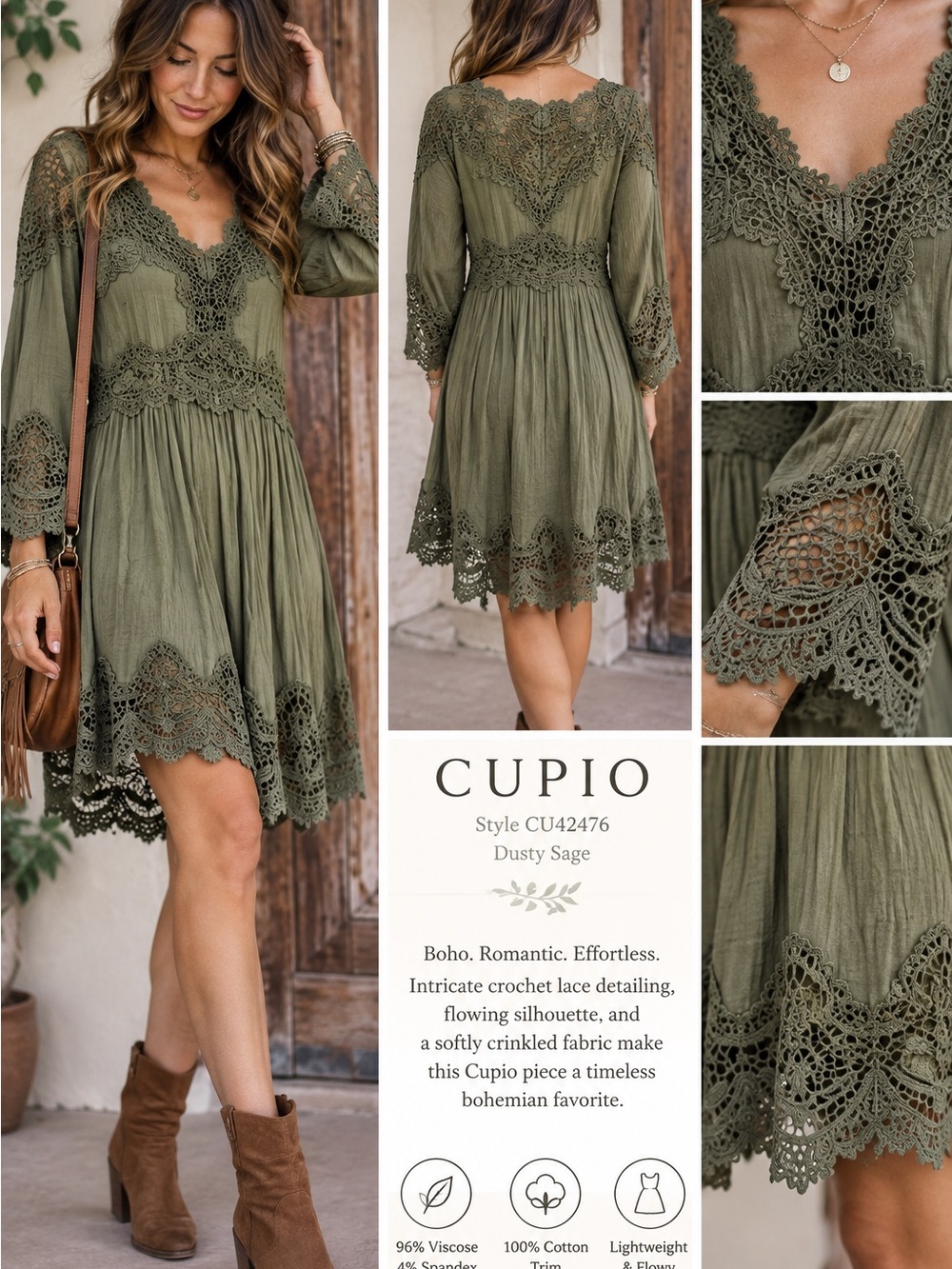 Cupio Dusty Sage Crochet Lace Mini Dress